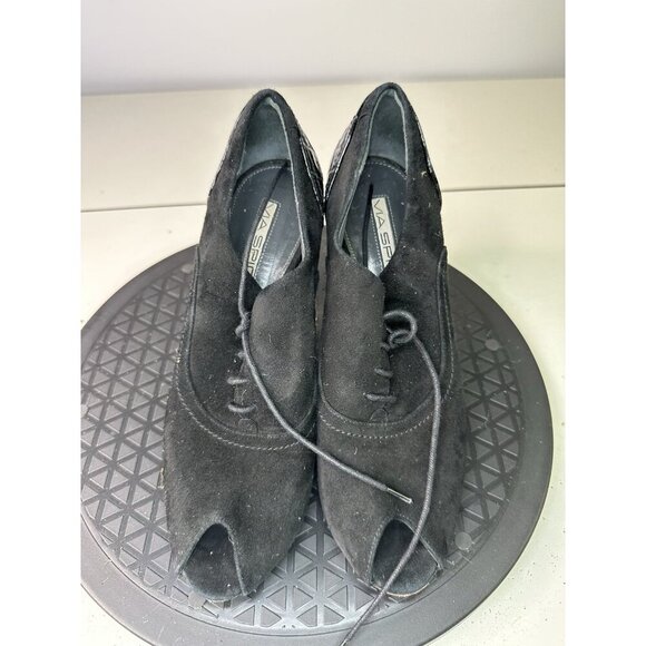 Via Spiga Black Leather Peep Toe Lace Booties Heels Sz 6.5 M - Picture 2 of 10